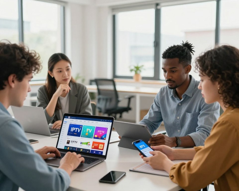 A professional and modern workspace setting featuring a diverse group of three individuals, two men and one woman, gathered around a large table. They are engaged in a focused discussion about selecting the ideal IPTV service, using a laptop, tablets, and smartphones displaying IPTV interface options. The foreground shows detailed devices with vibrant screens. The middle layer includes the participants, dressed in smart casual attire, reflecting concentration and collaboration. The background is a bright, airy office with large windows, allowing natural light to flood in, creating an inviting atmosphere. The scene evokes a sense of teamwork and decision-making, with warm lighting to enhance the feeling of productivity and clarity.