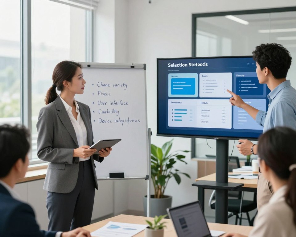 A professional office setting depicting a diverse group of business people collaborating on IPTV provider selection criteria. In the foreground, a confident woman in formal business attire holding a tablet, while a man in smart casual clothing points at a large screen displaying key metrics and features of IPTV services. In the middle, a whiteboard with organized bullet points on selection criteria like channel variety, pricing, user interface, device compatibility, and customer support. In the background, soft, natural lighting filtering through large windows enhances focus and productivity, with plants and modern furniture contributing to a sleek atmosphere. Emphasize a sense of teamwork and professionalism in a bright and engaging environment.