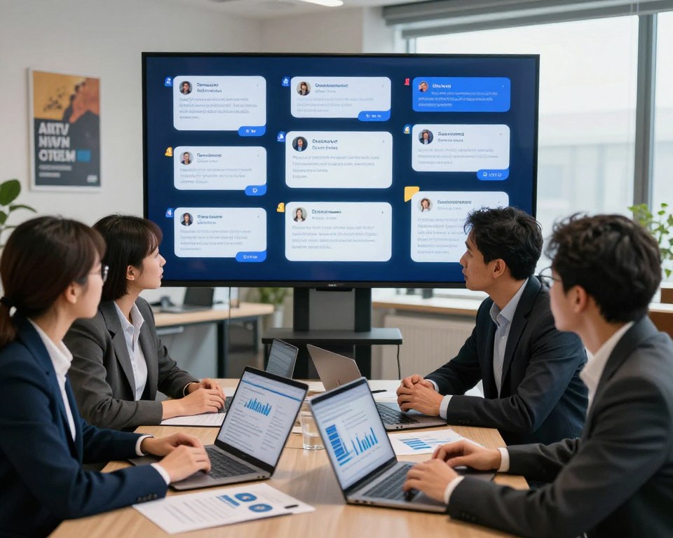 A professional work environment featuring a diverse group of individuals reviewing customer support experiences related to UK IPTV services. In the foreground, a multi-ethnic team of four professionals is engaged in a discussion, dressed in smart business attire, with charts and laptops open in front of them displaying analysis of customer feedback. The middle ground shows a large digital screen displaying a collage of glowing and critical customer reviews in a visually appealing format. In the background, a modern office setting with motivational posters on the walls and soft natural light filtering through large windows, creating a positive and insightful atmosphere. The overall mood is collaborative and focused, highlighting the importance of understanding customer experiences.