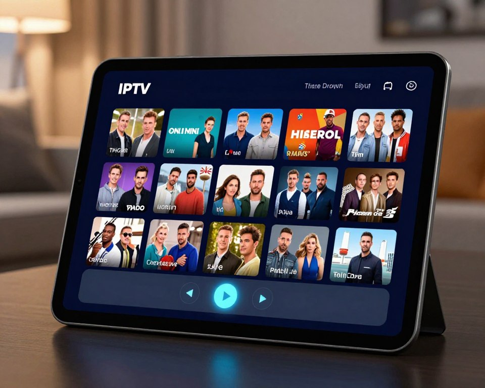 A sleek IPTV player app interface showcasing a modern, user-friendly design on a high-resolution tablet screen. In the foreground, a crisp tablet with rounded edges displays a vibrant grid of channel icons representing popular UK shows, all set against a smooth, dark background. The middle layer features an elegant control panel at the bottom with intuitive playback buttons, illuminated by a soft blue glow, enhancing the tech-savvy feel of the device. In the background, a blurred living room setting hints at a cozy streaming environment, with ambient lighting to evoke a relaxed atmosphere. The image should capture a sense of excitement and ease of use, ideal for exploring IPTV applications.