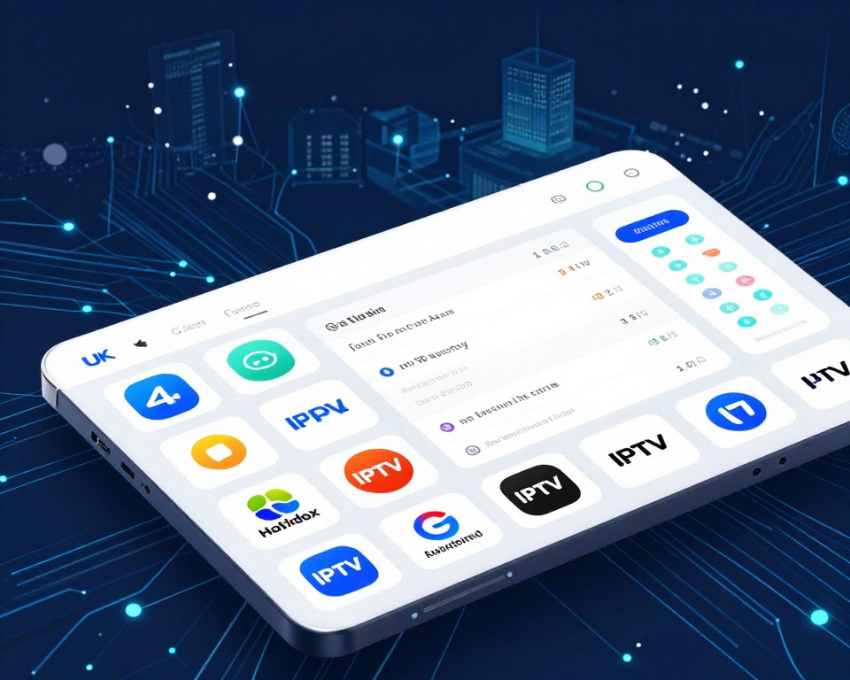 A sleek and modern digital interface showcasing a comparison of top UK IPTV providers. In the foreground, display vibrant icons or logos of various IPTV services, organized in a visually appealing grid. The middle section should depict a detailed comparison chart featuring features, pricing, and viewer ratings in a clear and concise format. For the background, incorporate a stylized, abstract representation of a digital landscape emphasizing connectivity, such as flowing data streams or glowing circuits. The lighting should be bright and tech-inspired, casting a professional yet inviting atmosphere. The angle should be slightly overhead, providing a comprehensive view of the comparison. Overall, the image should communicate clarity, professionalism, and innovation in the IPTV space for British viewers.