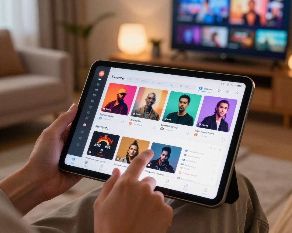 A sleek and modern playlist management interface displayed on a high-resolution tablet. The foreground features a person's hands interacting with the interface, showcasing intuitive touch gestures. The middle ground presents a vibrant screen filled with colorful album artwork and neatly organized playlist categories, such as "Favorites," "Recent," and "Genres." The background includes a soft-focus living room setting with ambient lighting, a stylish sofa, and a large TV screen in the corner playing IPTV content. The overall atmosphere is cozy yet tech-savvy, inviting users into a smooth streaming experience. Utilize warm lighting to enhance the inviting feel, with a slight lens flare to suggest a dynamic digital environment.