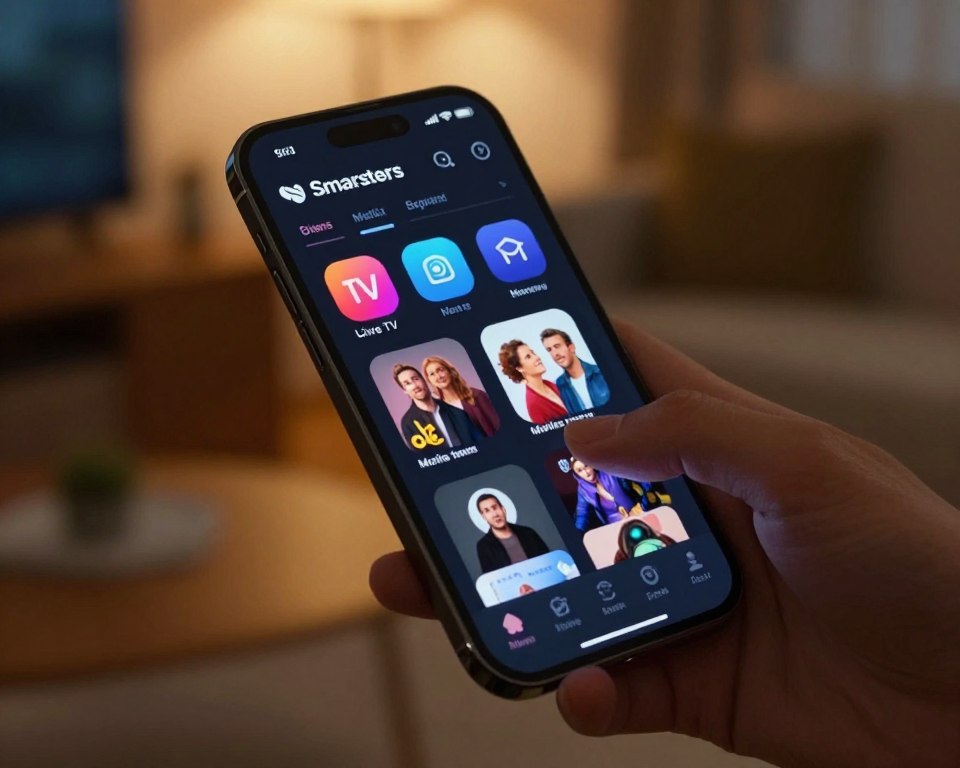 A sleek and modern user interface of the Smarters app displayed on a high-resolution smartphone screen, showcasing a navigation menu with vibrant icons for live TV, movies, and settings. In the foreground, a user’s hand gently interacts with the screen, emphasizing touch navigation. The middle layer features a softly illuminated interface, with a dark mode theme that highlights the app's intuitive design. The background includes a blurred living room setting with warm ambient lighting, creating a cozy atmosphere. The scene conveys ease of use and modern technology, aiming to illustrate a user-friendly experience. The image should be captured from a slightly elevated angle to emphasize the app's features while maintaining a professional tone, ensuring a sophisticated and inviting mood throughout.