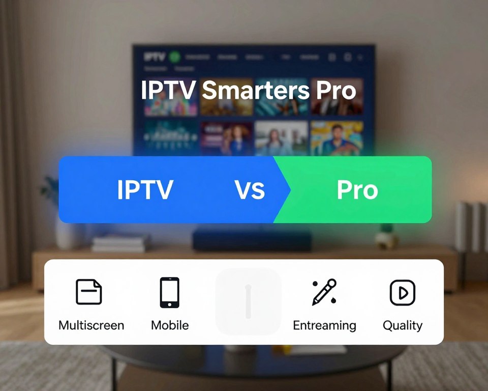 A sleek and modern visual comparison of IPTV Smarters Pro features, showcasing two sections divided by a futuristic digital interface. The foreground features icons representing key benefits such as multi-screen support, mobile compatibility, and enhanced streaming quality, designed in a clean, minimalistic style. In the middle, display a stylized comparison chart emphasizing the Pro version's advantages over the standard version, incorporating vibrant colors like blue and green for a tech-savvy look. The background features a blurred out, high-tech living room setup with a large screen displaying IPTV content, illuminated by soft ambient lighting to create a welcoming atmosphere. The overall mood is professional yet innovative, geared towards tech enthusiasts seeking entertainment solutions.