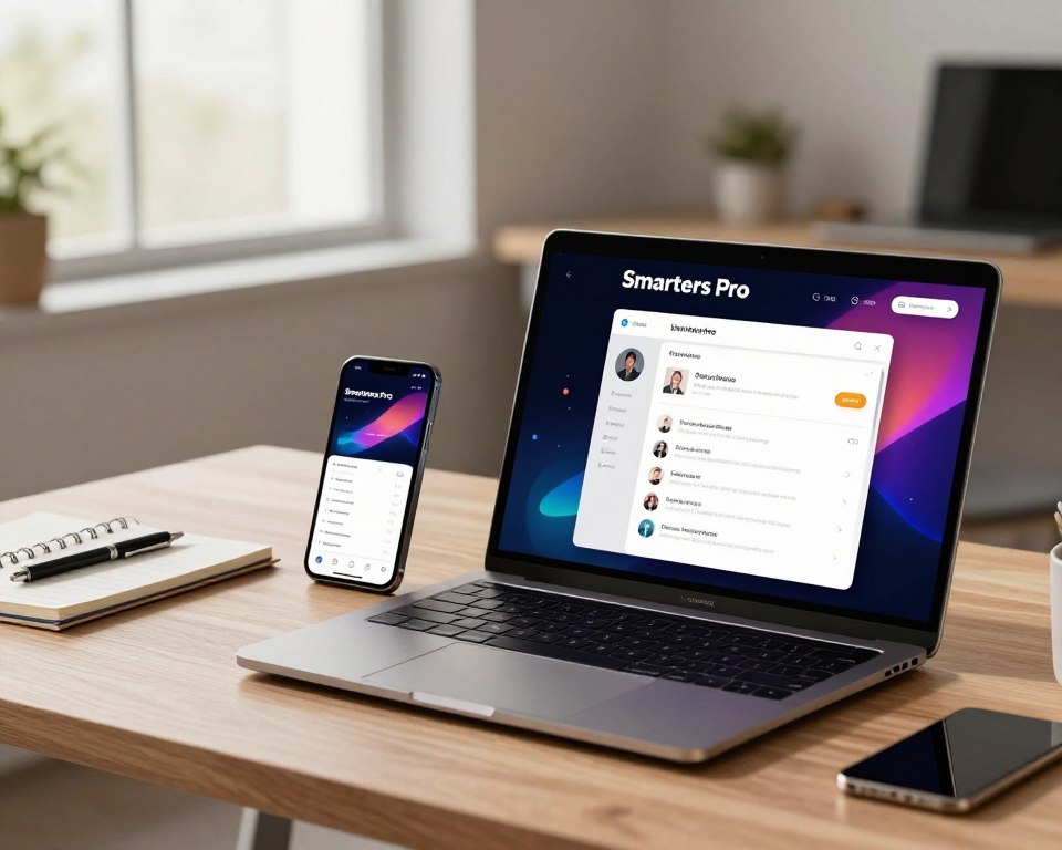A sleek and modern workspace set up for configuring Smarters Pro. In the foreground, a stylish laptop displaying the Smarters Pro interface with vibrant graphics, showcasing features like live streaming and user settings. Beside it, a smartphone displaying the same interface, emphasizing the versatility of the application. In the middle ground, a well-organized desk with a notepad and pen, hinting at the setup process. The background features a softly lit room with a large window allowing natural light to stream in, creating a warm and inviting atmosphere. The scene captures a sense of productivity and modern technology, depicted with a balanced composition, sharp focus, and a slight depth of field to accentuate the setup.