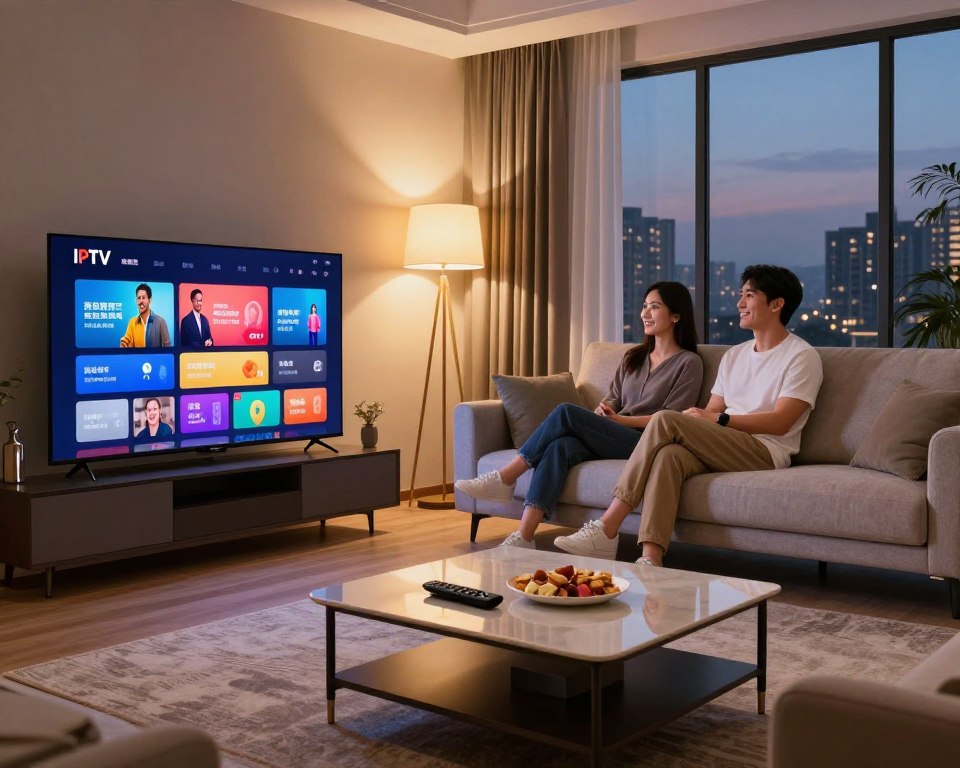 A sleek living room interior showcasing a modern home entertainment setup. In the foreground, a high-definition television displays vibrant, streaming IPTV content with rich colors and sharp details. A stylish coffee table sits nearby, adorned with a remote control and snacks, inviting a cozy viewing experience. The middle section features a comfortable sofa, with a couple dressed in smart casual attire, engaged and smiling as they enjoy the show. Soft ambient lighting from stylish floor lamps creates a warm and inviting atmosphere. In the background, large windows reveal a serene evening cityscape, enhancing the premium feel of the scene, shot from an eye-level angle to capture the intimate ambiance of enjoying top-tier IPTV service in a relaxed home setting.