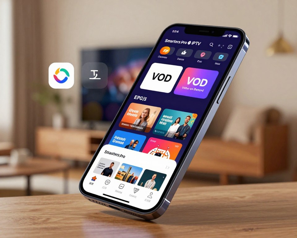 A sleek, modern app interface showcasing the Smarters Pro IPTV features on a high-resolution smartphone screen. The foreground displays a vivid smartphone with a glossy finish, positioned slightly tilted to reveal the interactive layout of the app, featuring stunning visuals of live TV channels, a user-friendly menu, and seamless navigation options. In the middle ground, subtle app icons and features like the EPG (Electronic Program Guide) and VOD (Video on Demand) options are prominently displayed. The background is a softly blurred, contemporary living room setting with warm, inviting lighting, suggesting a relaxed atmosphere. The image captures a sense of innovation and user empowerment, focusing on the accessibility and rich feature set of the Smarters Pro app while maintaining a professional look with no textual distractions.