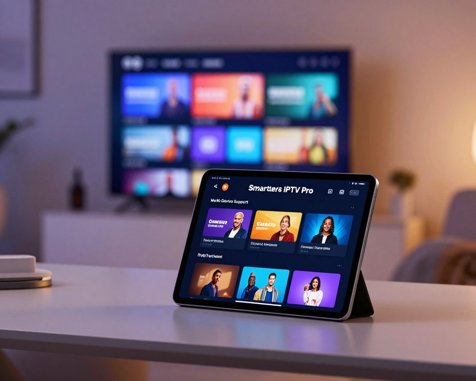 A sleek, modern digital interface showcasing the core features of Smarters IPTV Pro. In the foreground, an elegant tablet displays a vibrant list of features such as multi-device support, user-friendly interface, and extensive channel lineup. The tablet is positioned on a stylish, minimalist desk. In the middle ground, a blurred image of a dynamic living room scene with a large smart TV streaming content, creating a sense of seamless connectivity. In the background, soft ambient lighting highlights the tech-savvy atmosphere with hints of modern furnishings. The focus is on professionalism and convenience, evoking a sense of innovation and smooth streaming experiences. The overall mood is inviting and high-tech, suitable for a contemporary audience.