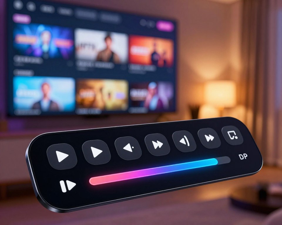 A sleek, modern interface depicting advanced video playback controls in a vibrant digital environment. In the foreground, showcase an interactive control panel, featuring glossy buttons for play, pause, rewind, fast-forward, volume adjustment, and a vibrant progress bar, all designed with a futuristic aesthetic. The middle ground should include a blurred screen displaying dynamic content, hinting at diverse IPTV offerings. The background features a warm, ambient glow, created by soft lighting that suggests a cozy home theater setting. The scene is captured with a slight angle to give depth, reminiscent of a high-quality tech product advertisement. The mood conveys excitement and innovation, inviting viewers into a world of endless entertainment possibilities.