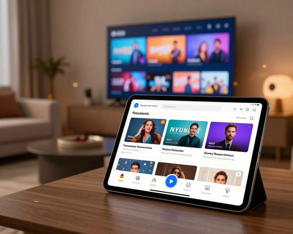 A sleek, modern interface for advanced streaming features, prominently displayed on a high-resolution tablet screen in the foreground. The interface showcases user-friendly options such as personalized content recommendations, customizable playlists, and interactive viewing tools. In the middle ground, a soft-focus living room setting features a comfortable sofa and ambient lighting, enhancing the user experience. In the background, a large flat-screen TV displays vibrant visuals of various streaming content genres. The scene is illuminated with warm, inviting tones, creating a cozy yet sophisticated atmosphere. A subtle lens flare adds a touch of elegance, while maintaining clarity and focus on the interface. The overall mood is dynamic and engaging, capturing the essence of a personalized viewing journey. A sleek, modern interface for advanced streaming features, prominently displayed on a high-resolution tablet screen in the foreground. The interface showcases user-friendly options such as personalized content recommendations, customizable playlists, and interactive viewing tools. In the middle ground, a soft-focus living room setting features a comfortable sofa and ambient lighting, enhancing the user experience. In the background, a large flat-screen TV displays vibrant visuals of various streaming content genres. The scene is illuminated with warm, inviting tones, creating a cozy yet sophisticated atmosphere. A subtle lens flare adds a touch of elegance, while maintaining clarity and focus on the interface. The overall mood is dynamic and engaging, capturing the essence of a personalized viewing journey.