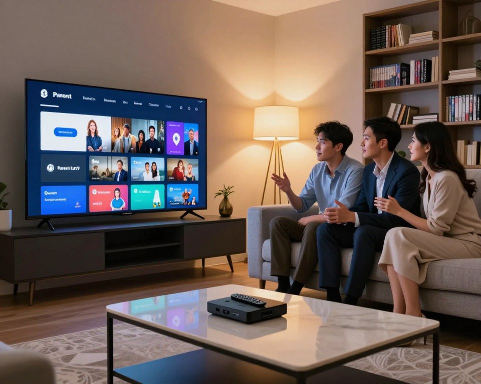 A sleek, modern living room interior featuring a large flat-screen TV displaying an electronic program guide interface with parental control options visible. In the foreground, a stylish coffee table with a remote control and family-friendly streaming device, hinting at a cozy family atmosphere. The middle ground showcases a comfortable couch with two adults, a man and a woman, dressed in professional business attire, attentively discussing parental control features. In the background, warm lighting emanates from decorative lamps, and a bookshelf filled with DVDs and books adds a personal touch. The overall mood is inviting and informative, capturing a sense of family engagement with technology for better viewing experiences.