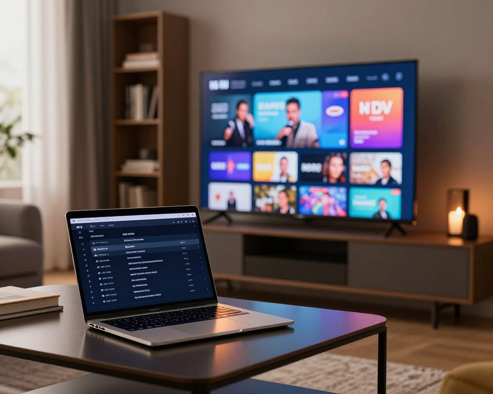 A sleek, modern living room setting in the foreground with a stylish smart TV displaying a vibrant electronic program guide (EPG) interface showcasing various UK TV channels. In the middle ground, a laptop with an M3U playlist open, highlighted by the light from the screen reflecting off a nearby coffee table. The background features a tasteful bookshelf and soft ambient lighting, creating a cozy atmosphere. The scene is captured from a slightly elevated angle to emphasize the tech integration within a comfortable home environment. The mood is inviting and informative, encapsulating the blending of technology and leisure in modern TV viewing experiences. Soft natural light filters through a window, enhancing the scene's warmth.