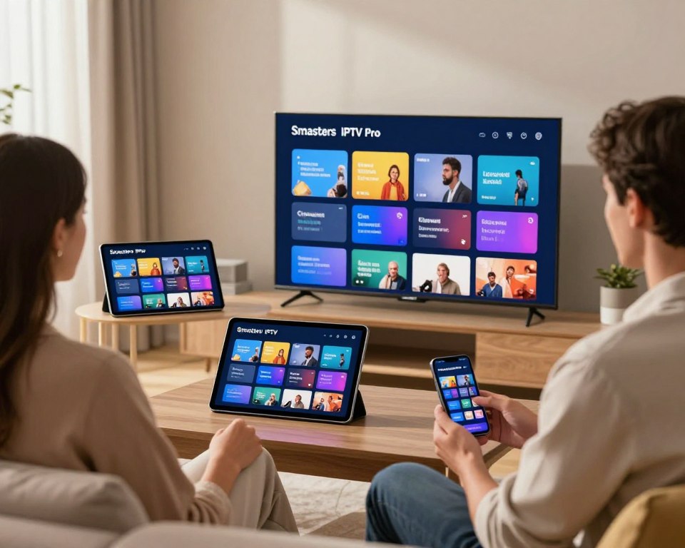 A sleek, modern living room setting showcasing multiple devices displaying the Smarters IPTV Pro interface, including a smart TV, tablet, and smartphone. In the foreground, a well-dressed professional couple, casually comfortable yet stylish, are engaging with the content, demonstrating an interactive experience. The middle ground features vivid screens with colorful streaming options and a dynamic user interface, highlighting the seamless compatibility of the platform. The background is softly lit, giving a cozy atmosphere, with curtains slightly drawn, allowing warm natural light to enhance the scene. The lens is focused on the devices while blurring the background, creating an inviting mood that embodies connectivity and ease of access across multiple platforms.
