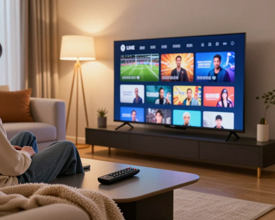 A sleek, modern living room setting with a smart TV prominently displaying a vibrant streaming interface. In the foreground, a stylish coffee table holds a remote control and a plush, cozy blanket, creating an inviting atmosphere. The middle ground features a person in casual yet professional attire, sitting comfortably on the couch, engrossed in the screen. The background includes plush furniture, warm lighting from elegant lamps, and subtle decor elements that suggest a tech-savvy lifestyle. The mood is relaxed and engaging, showcasing the premium features of a streaming service, such as live sports, movies, and exclusive shows, all reflected in the glowing screen. Soft focus lens effect to emphasize warmth and comfort.