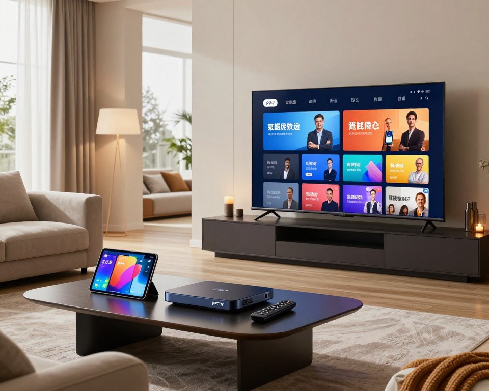 A sleek modern living room, showcasing a high-definition television displaying vibrant streaming content, highlighting device compatibility with various screens like tablets and smartphones in the foreground. In the middle, a stylish coffee table features an IPTV set-top box and remote control, while an air of comfort is created by plush sofas and soft lighting from stylish lamps. In the background, large windows allow natural daylight to flood the space, enhancing the cozy atmosphere. The scene is captured with a wide-angle lens for a spacious feel, emphasizing a contemporary design. The overall mood is inviting and tech-savvy, perfect for illustrating IPTV features.