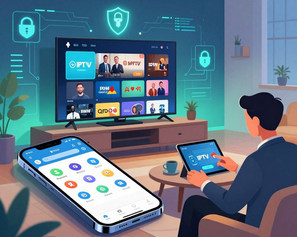A vibrant and dynamic illustration capturing advanced streaming features and security measures in a modern digital setting. In the foreground, a sleek smartphone displaying an app interface with icons representing features like user authentication, parental controls, and DRM (Digital Rights Management). To the side, a professional in business attire interacts with a tablet, demonstrating the innovative aspects of IPTV. In the middle ground, a home entertainment system includes a large smart TV showcasing various streaming options, all framed by a cozy living room ambiance. The background features abstract digital patterns and data streams symbolizing security measures, infused with a glowing blue and green color palette. Soft, ambient lighting adds a futuristic and inviting atmosphere. The angle is slightly elevated, providing a comprehensive view of the scene.