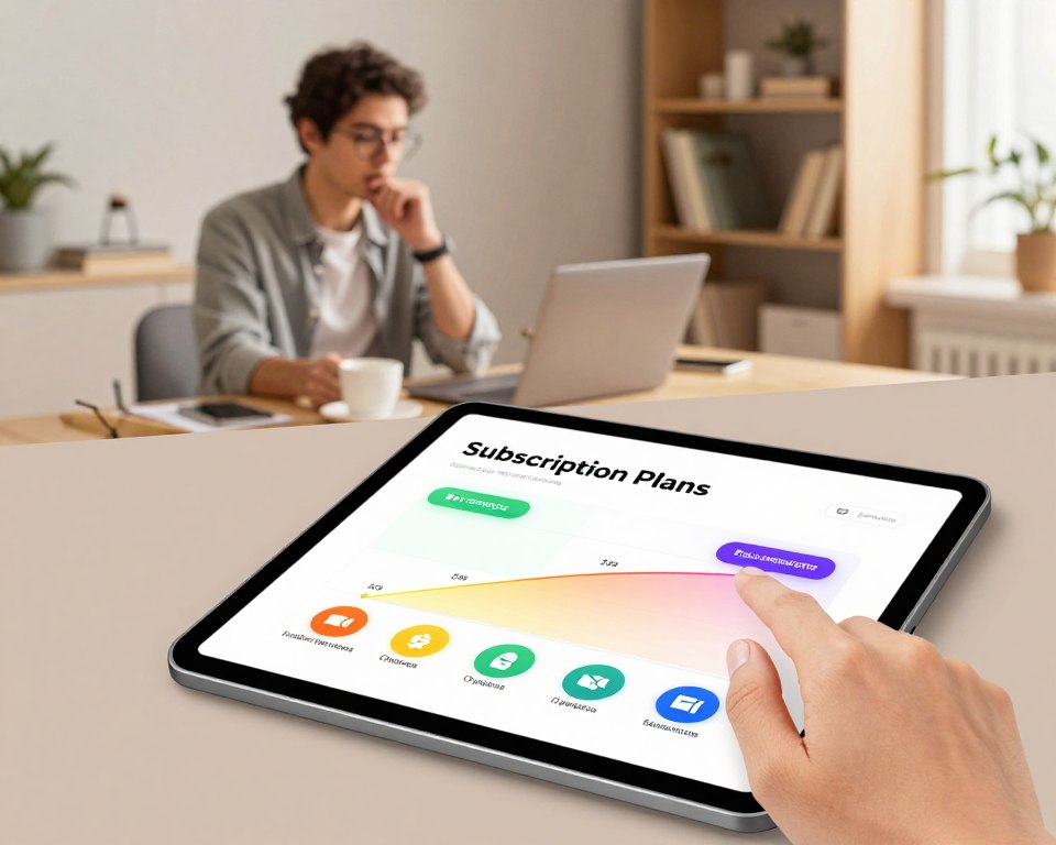 A visually appealing digital illustration depicting diverse subscription plans and payment options for an IPTV service. In the foreground, a sleek tablet displays colorful charts and icons representing various pricing tiers, payment methods, and subscription durations. The middle layer features a modern home office setting with a professional individual in smart casual attire, thoughtfully reviewing the plans. The background includes a well-organized workspace with a bookshelf and subtle ambient lighting, creating a productive atmosphere. Use soft, muted colors with warm lighting to convey a sense of reliability and professionalism. The composition should have a slight top-down angle, emphasizing the tablet while still providing context of the workspace.
