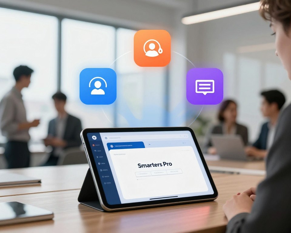 A visually appealing digital illustration showcasing the unique benefits of Smarters Pro. In the foreground, display a sleek, modern device like a tablet or smartphone with the Smarters Pro interface visible, illuminated softly to highlight its features. In the middle, feature vibrant icons representing key benefits: user-friendliness, customization options, and multi-device compatibility, arranged in an engaging layout. The background should present a bright, professional office environment, with large windows allowing natural light to flood the space, creating a welcoming atmosphere. Use a wide-angle lens perspective to capture the sense of innovation and professionalism, evoking a mood of excitement and potential. Ensure that any human figures are wearing professional business attire, engaged in collaboration around the device.