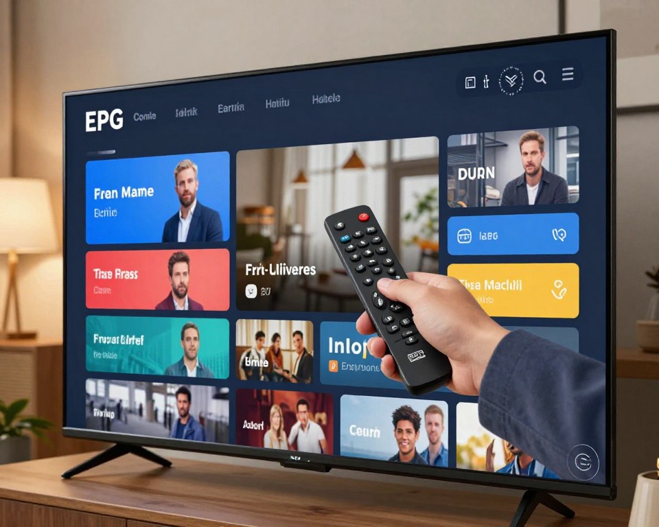 A visually engaging EPG program guide interface displayed on a sleek, modern TV screen. The foreground features an interactive grid layout showcasing various channels and program titles in vibrant colors, with highlighted selections to suggest user interactivity. The middle section includes a user’s hand, casually dressed in professional attire, using a remote control to navigate through the guide, emphasizing a user-friendly experience. The background depicts a cozy living room setting, softly lit with warm ambient lighting that creates an inviting atmosphere. Subtle reflections on the TV screen hint at the modern décor of the room, contributing to a relaxed, engaging vibe. Focus on clarity and detail, ensuring it appears as a high-resolution digital interface.