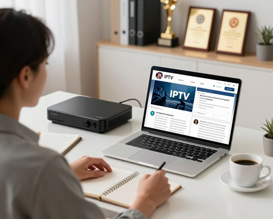 A well-organized workspace featuring a modern laptop displaying IPTV service comparison charts and expert reviews on the screen. In the foreground, show a professional business person wearing smart casual attire, intently analyzing the information. In the middle, include a stylish desk with a notepad, a cup of coffee, and an IPTV device, all arranged neatly. The background should showcase a bright, well-lit office environment with shelves of tech books and awards for tech excellence, conveying a sense of expertise and reliability. The lighting is warm and inviting, with a slight focus on the screen to emphasize the importance of IPTV service selection. The overall atmosphere is one of professionalism and dedication to discovering the best IPTV solutions for streaming.