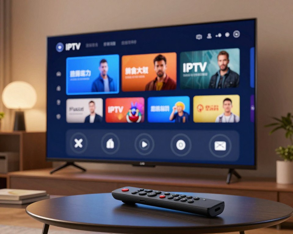 An advanced IPTV player app interface displayed on a modern smart television screen. In the foreground, showcase a sleek Firestick remote control resting on a stylish coffee table, hinting at user interaction. The middle layer features a vibrant IPTV app selection screen, highlighting various channels and a user-friendly layout with intuitive navigation icons. The background is softly blurred to reveal a cozy living room setting with ambient lighting, providing a relaxed atmosphere. The image is captured from a slightly low angle to emphasize the app interface and remote, with warm, inviting tones to evoke a sense of comfort. The overall mood is seamless integration of technology into home entertainment. An advanced IPTV player app interface displayed on a modern smart television screen. In the foreground, showcase a sleek Firestick remote control resting on a stylish coffee table, hinting at user interaction. The middle layer features a vibrant IPTV app selection screen, highlighting various channels and a user-friendly layout with intuitive navigation icons. The background is softly blurred to reveal a cozy living room setting with ambient lighting, providing a relaxed atmosphere. The image is captured from a slightly low angle to emphasize the app interface and remote, with warm, inviting tones to evoke a sense of comfort. The overall mood is seamless integration of technology into home entertainment.
