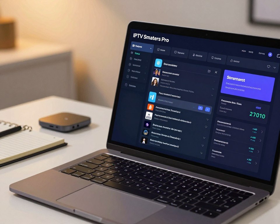An advanced user interface of IPTV Smarters Pro displayed on a modern computer screen showing detailed settings and optimization options. In the foreground, a sleek laptop is open, revealing a vibrant, intuitive graphical user interface with various configuration tabs highlighted, showcasing menu options for streaming settings, parental controls, and performance metrics. The middle ground features a minimalistic workspace with a notepad and smart device, suggesting functionality and efficiency. The background consists of a well-lit room with soft ambient lighting, creating a professional atmosphere. Use a slightly angled perspective to emphasize the interface on the screen, capturing a mood of innovation and mastery in streaming technology. The environment reflects focus and productivity, devoid of any distractions.